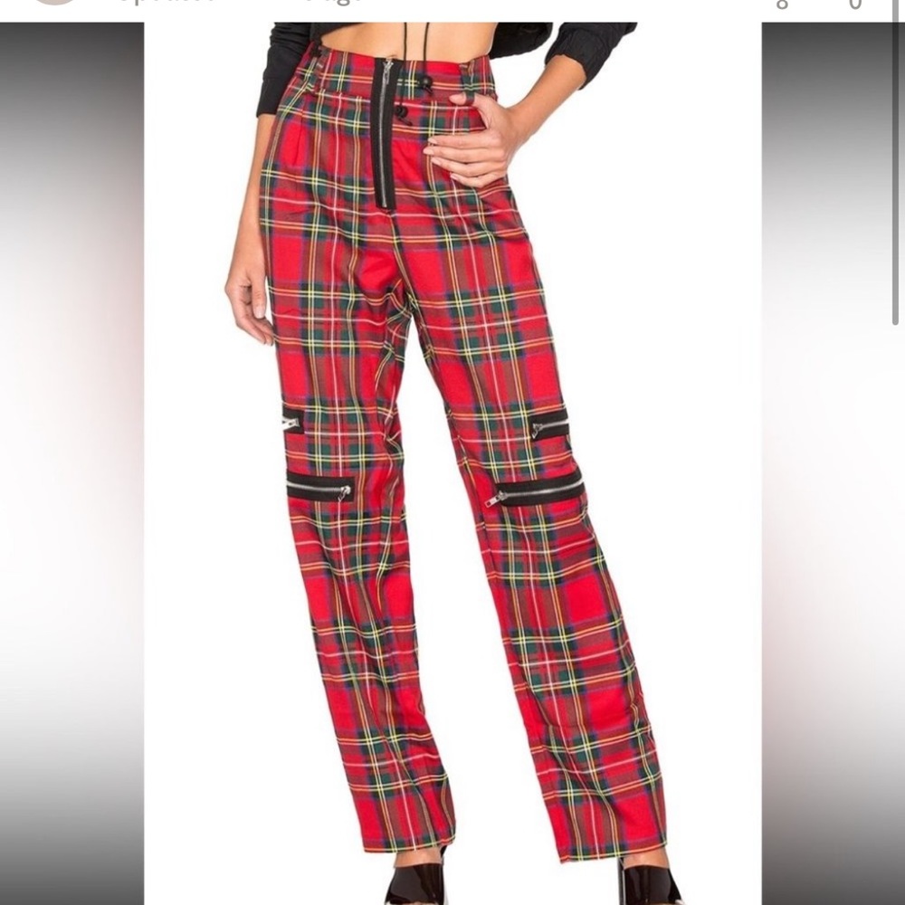 Danielle Guizio Red Plaid Zip Trouser Pants